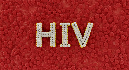 This conceptual image shows the letters HIV formed by small white and yellow spheres on a background of numerous red blood cells The image aims to visualize the presence and impact of HIV within the bloodstream The letters are clearly defined providing a stark contrast to the surrounding cells The composition illustrates the microscopic world and the cellular level where HIV infection occurs This image can be used in medical publications educational materials or to raise awareness about HIV and AIDSの素材