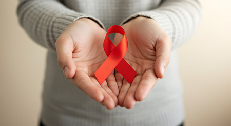 Close up image showcasing a pair of caring hands gently cradling a bright red awareness ribbon This powerful symbol is globally recognized for representing health awareness and support for various causes including HIV AIDS and heart disease The focus on the hands and the ribbon creates an empathetic and hopeful message The background is simple drawing attention to the central image and its important message This image is useful for health campaigns charitable organizations and social awareness initiativesの素材