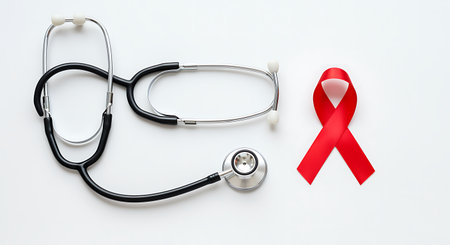 This image showcases a stethoscope alongside a red ribbon on a clean white background The red ribbon is a widely recognized symbol for HIV and AIDS awareness representing support solidarity and hope for those living with or affected by the disease The presence of the stethoscope emphasizes the role of healthcare professionals and the medical community in combating AIDS and providing care This image is perfect for campaigns aiming to raise awareness promote prevention and encourage understanding and acceptance related to HIV and AIDSの素材