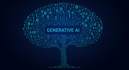 An abstract tree of binary code with the words GENERATIVE AI at the center symbolizes modern artificial intelligence The image conveys a sense of digital innovation complex algorithms and advanced computing It represents the growing field of generative AI and its potential for creating new content and solutions The use of binary code suggests the fundamental building blocks of digital information This image is perfect for illustrating articles about artificial intelligence machine learning data science and the future of technologyの素材