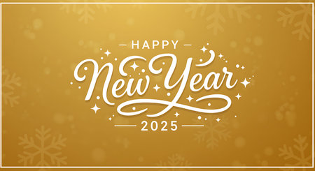 This image presents a stylish and celebratory design for the upcoming year of 2025 Featuring the words Happy New Year in a decorative script style complemented by subtle sparkles and snowflake motifs The background boasts a warm gold tone creating a sense of luxury and festive cheer The year 2025 is prominently displayed in a clean sans serif font making it ideal for New Years cards banners and digital promotions that require an elegant and modern touchの素材