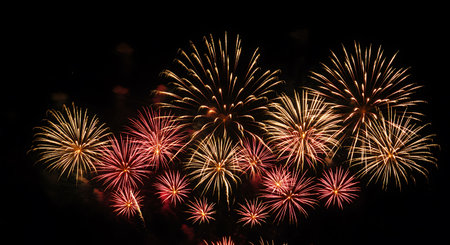 This captivating image showcases a vibrant fireworks display set against a stark black night sky The bursts of light create a stunning spectacle with various colors including gold and red illuminating the darkness The image perfectly captures the excitement and joy of a celebration or festive event The intricate details of the fireworks explosions are visible highlighting their unique and dynamic patterns The contrast between the brilliant colors and the dark background enhances the visual impact creating a memorable and eyecatching composition perfect for conveying a sense of wonder celebration or special occasionの素材