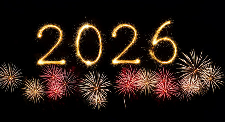 Happy new year 2016 written with Sparkle firework on black background.の素材