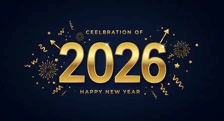 A festive and celebratory graphic featuring the year 2026 in large golden metallic numerals The background is a deep blue reminiscent of a night sky adorned with golden confetti sparkling fireworks stars and swirling ribbons The text Celebration Of is written above the year and Happy New Year is below This image evokes a sense of joy anticipation and the excitement associated with ringing in a new year filled with hope and possibilities Perfect for greeting cards invitations or promotional materials related to New Year celebrationsの素材