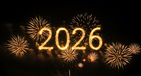 A vibrant image of fireworks bursting against a dark night sky illuminating the year 2026 in a brilliant golden light The fireworks create a festive and celebratory atmosphere suggesting a sense of anticipation and excitement for the coming year This image is perfect for expressing optimism for the future setting goals and embracing new opportunities It evokes feelings of hope joy and possibility This image is perfect for greeting cards party invitations or celebratory advertisements for the year 2026の素材