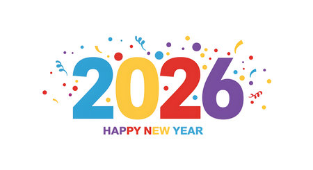A bright and festive graphic design featuring the year 2026 and the words Happy New Year This design is perfect for New Years cards posters and social media graphics It uses vibrant colors and scattered confetti to create a sense of celebration and joy The image is clean and modern making it suitable for various applications to mark the start of the new year with a touch of flair and enthusiasmの素材
