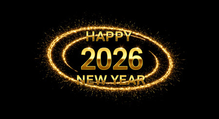 A festive and eye catching image features the text Happy New Year 2026 rendered in shimmering gold set against a stark black backdrop The numbers and text are encircled by dazzling golden sparkles creating a sense of celebration and excitement This image is perfect for use in New Year greetings cards social media posts website banners or any promotional material related to the upcoming year 2026 conveying a sense of joy anticipation and a fresh startの素材