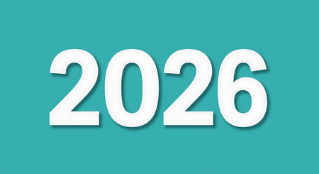 This image features the year 2026 displayed in large bold white numbers against a vibrant turquoise background The numbers are clean and modern with a slight drop shadow giving a subtle three dimensional effect The overall design is simple and eye catching making it ideal for various applications such as presentations invitations or promotional materials related to the year 2026 The color palette is fresh and contemporary creating a positive and forward looking impressionの素材