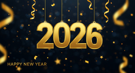 A sophisticated image depicting the arrival of the year 2026 The bold golden numerals hang elegantly against a deep navy blue background evoking a sense of luxury and celebration Glittering confetti and shimmering ribbons in various shades of gold cascade around the year adding to the festive ambiance Small stars are scattered to create an overall feeling of magic and excitement The words Happy New Year are presented in simple elegant text below the date to convey a sense of warmth and invitation This festive composition is perfect for seasonal greeting cards social media content or any digital media projects wanting to celebrate the new year with style and cheerの素材