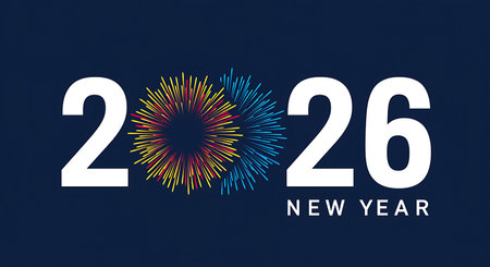 A vibrant graphic design celebrating the arrival of the year 2026 featuring the number 2026 in large white numbers against a dark blue background Two stylized fireworks displays in red yellow and blue explode between the numbers adding a festive and celebratory touch Below the number 6 is the text New Year in white completing the design The image conveys a sense of joy celebration and anticipation for the upcoming new year The design is suitable for greeting cards banners social media posts and other celebratory mediaの素材