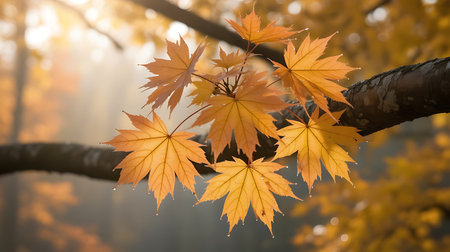 A stunning close up image capturing the essence of autumn with vibrant maple leaves clinging to a sturdy branch The leaves display a rich palette of golden hues bathed in gentle light filtering through a misty forest Delicate water droplets cling to the edges of the leaves adding a touch of freshness to the scene The blurred background enhances the focus on the leaves creating a serene and captivating atmosphere The image evokes a sense of peace tranquility and the beauty of nature during the fall seasonの素材
