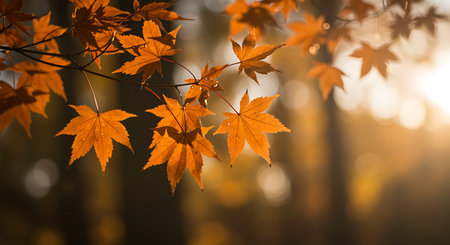 A close up shot of vibrant orange and yellow maple leaves hanging delicately from branches is captured in soft sunlight The leaves are the focal point showcasing their intricate details and textures against a blurred background The golden light filtering through the trees creates a warm and inviting atmosphere enhancing the overall beauty of the scene The composition evokes a sense of tranquility and appreciation for the natural world during the autumn seasonの素材