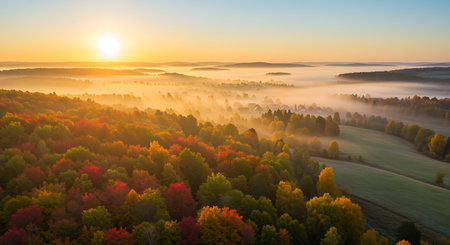An aerial view captures a breathtaking autumn sunrise over a valley filled with a dense colorful forest The trees showcase a spectrum of reds oranges yellows and greens indicating the peak of the fall season Patches of fog or mist linger in the valleys creating a dreamlike atmosphere and obscuring the details of the landscape below The rising sun casts a warm golden glow across the scene enhancing the vibrant colors of the foliage and the soft ethereal quality of the mist Distant rolling hills add depth to the composition creating a sense of vastness and tranquility The landscape evokes feelings of peace serenity and the beauty of natures seasonal transformationの素材