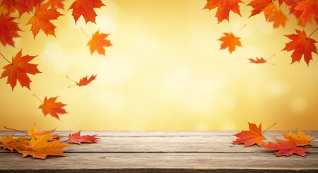 A beautiful autumn background featuring vibrant red and orange maple leaves gracefully falling against a soft golden backdrop Some of the leaves are scattered on a rustic wooden table surface creating a warm and inviting scene The composition evokes a sense of the fall season natures beauty and a peaceful atmosphere Its an ideal image for various design purposes including seasonal promotions naturethemed projects and autumnal presentations The image captures the essence of fall with its rich colors and serene ambianceの素材