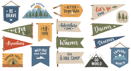 This vector image showcases a diverse collection of travel pennants and banners ideal for camping adventures and exploration themes Each banner features unique designs and encouraging words related to travel exploration nature and camaraderie The illustrations convey a sense of wanderlust adventure and the joy of discovering new places making it suitable for travel blogs camping related materials or adventure themed projects The colors are muted and earthly offering a vintage feelの素材