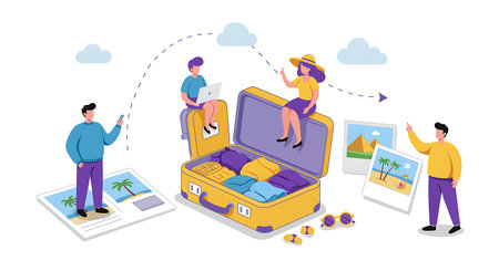 A vibrant illustration showcasing the excitement and planning involved in travel The design features people interacting with travel elements such as a suitcase packed with colorful clothes travel photos depicting beach destinations and a pyramid and digital devices symbolizing travel research and online booking A dotted line suggests a travel route or journey The image conveys a sense of anticipation for a vacation adventure and the use of technology in modern travel planning It is ideal for travel agencies tourism promotions and content related to vacation planning and digital nomad lifestyles The overall aesthetic is cheerful and invitingの素材