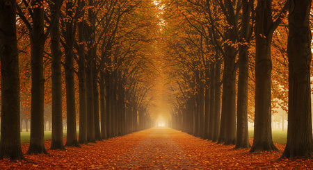 A beautiful picturesque path leads the eye through a forest of tall trees in autumn The ground is covered with fallen leaves in shades of orange and brown creating a warm autumnal landscape The trees form a natural tunnel framing the path drawing the viewer into the image A soft light filters through the trees creating a sense of depth and perspective The symmetrical composition of the trees enhances the visual appeal conveying serenity and tranquilityの素材