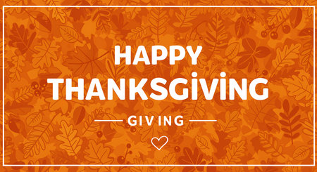 A festive Thanksgiving greeting card featuring the words Happy Thanksgiving Giving in bold white letters against a background of various autumn leaves in shades of orange and brown The design includes a delicate heart symbol and subtle berries interspersed among the leaves creating a warm and inviting autumnal theme This image is perfect for conveying gratitude and holiday cheer during the Thanksgiving season suitable for invitations digital greetings or festive marketing materialsの素材