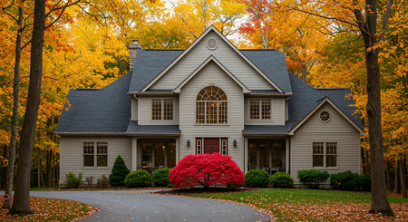 This stunning image captures a beautiful suburban home nestled amidst the vibrant colors of autumn The two story house features a well maintained exterior with a dark roof and light siding contrasting nicely with the surrounding trees in full fall colors A mature red Japanese maple tree is prominently displayed in the front yard adding a pop of color to the landscape The driveway leads to the front entrance creating an inviting scene that evokes a sense of comfort and tranquility Fallen leaves scattered on the lawn and driveway further enhance the autumnal atmosphere providing a classic neighborhood imageの素材