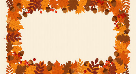 A festive autumn themed frame featuring colorful leaves in warm orange brown and yellow hues along with acorns and red berries The leaves create a decorative border around a blank space perfect for adding text graphics or other design elements This image captures the essence of the fall season with its seasonal colors and natural motifs Use it for greetings invitations posters or social media content to convey a cozy and autumnal vibe The frame is ideal for adding personalized messages or designs to celebrate the autumn season This versatile frame can be used for a wide range of creative projects offering a touch of seasonal warmth and charmの素材