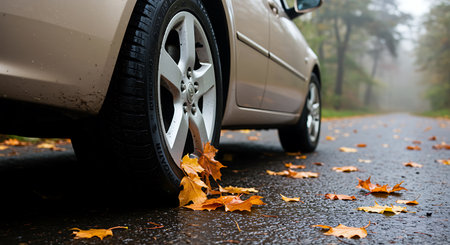 Close up of a car wheel on a wet road covered in fallen autumn leaves The scene evokes a sense of travel during the fall season emphasizing the beauty of nature and the serenity of a drive on a rainy day The composition highlights the juxtaposition of machinery and nature showing how they can coexist in harmony The soft light adds to the tranquil atmosphere making it an ideal image for travel or lifestyle related contentの素材