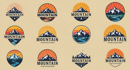 A diverse set of mountain adventure logos featuring stylized mountain peaks with sunbursts and flowing rivers set against a neutral backdrop These vector illustrations offer various circular and shield shapes emphasizing outdoor themes Ideal for branding adventure companies outdoor gear shops or nature related projects these designs communicate themes of exploration strength and connection to nature Each logo is thoughtfully crafted with different elements ensuring distinct visual identities and versatile applications across different mediaの素材