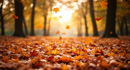 Autumn leaves on the ground in the forest. Beautiful nature backgroundの素材