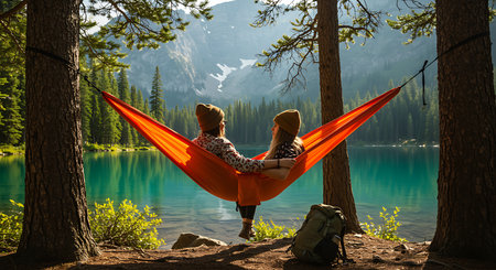Young couple sitting in hammock on the shore of lake in mountainsの素材