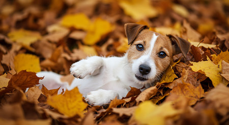 Cute Jack Russell Terrier puppy lying on autumn leaves in the parkの素材