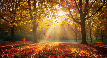 Autumn park with sun rays and falling leaves. Nature composition.の素材