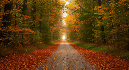 Autumnal road in the forest with trees and fallen leaves.の素材