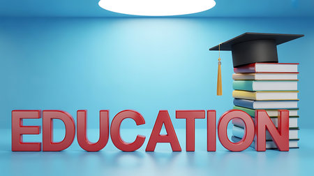 A vibrant 3D render showcasing the importance of education The image features the word EDUCATION in large red block letters alongside a stack of colorful books A graduation cap rests atop the books symbolizing academic achievement and knowledge The scene is set against a gradient blue backdrop creating a bright and inviting atmosphere This image is perfect for illustrating educational materials websites and presentations highlighting the journey of learning and the pursuit of academic success It can also be used in advertising and marketing campaigns to promote educational institutions and resourcesの素材