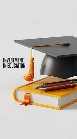 A visually striking still life showcasing the concept of investing in education The composition features a classic graduation cap placed atop a stack of books symbolizing academic achievement and the pursuit of knowledge A pen rests gracefully on the books adding a touch of intellectualism to the scene The objects are neatly arranged against a clean background which highlights the importance of educational development and planning a brighter future through learning This illustration is suitable for educational projects and materials that encourage investment in academic success and self improvementの素材