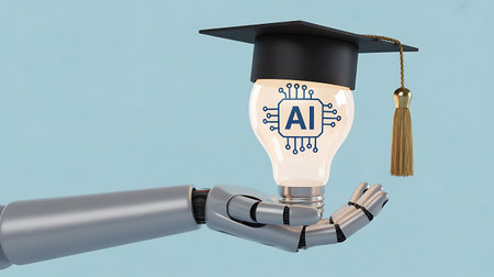 This image represents the concept of artificial intelligence education and development The robotic hand holds a lightbulb symbolizing innovation with the AI logo displayed prominently wearing a graduation cap This image conveys the idea of progress in machine learning and the growing field of artificial intelligence The light blue background adds a clean and modern aesthetic suitable for use in educational materials presentations or websites related to AI technology and robotics The scene suggests a future where AI is integrated into education and everyday lifeの素材