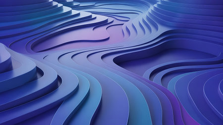 This is a stunning abstract 3D rendering featuring layered topographic lines The color palette is dominated by shades of blue and purple creating a cool and modern aesthetic The geometric design is precise and visually captivating making it suitable for various creative projects The smooth gradients and clean lines add depth and dimension to the image making it ideal for backgrounds wallpapers and graphic designの素材