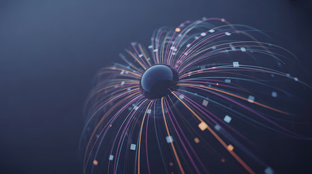 This is a conceptual abstract technology background featuring lines of data flowing from a central sphere The design is rendered in soft blues and purples with small square elements punctuating the lines suggesting data packets or information transfer This image is ideal for illustrating concepts like artificial intelligence data analytics network communication or technological advancement Its clean aesthetic and subtle color palette make it suitable for a wide range of design applicationsの素材