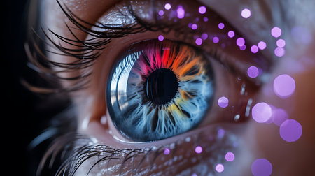 Closeup macro shot of a human eye featuring a vibrant colorful iris with red orange yellow blue hues The eye is surrounded by long dark lashes and fair skin There are purple bokeh lights in the foreground and background creating a dreamy ethereal effect The pupil is dark and welldefined the overall image conveys a sense of beauty wonder and the intricacies of human anatomy The focus is sharp on the iris capturing its intricate details and patternsの素材