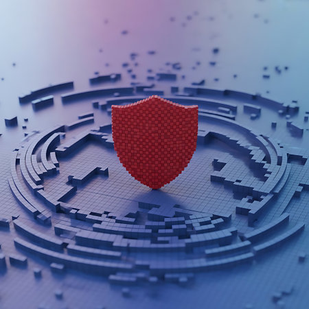 A red pixelated shield stands prominently in a digital landscape composed of fractured concentric circles and scattered pixelated particles This symbolizes robust digital security and data protection in a complex cyberspace environment The background features subtle gradients of blue and purple adding depth and dimension The composition emphasizes the shield as a central figure representing secure access to information and protection against cyber threats The pixelated aesthetic contributes to a modern and tech forward feel ideal for conveying themes of information technology cybersecurity and secure data management The isometric view gives a clear perspective of the shield and the digital environment surrounding itの素材