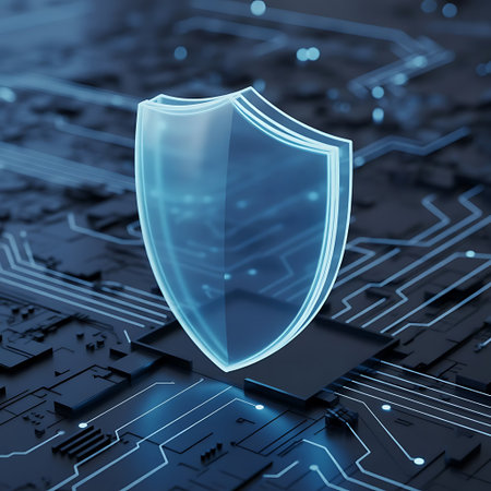 A glowing digital shield icon rests upon a detailed circuit board symbolizing cybersecurity data protection and network security The shield rendered in translucent blue stands out against the dark background of the motherboard emphasizing the importance of digital defense The circuit patterns create an intricate network suggesting the complex systems safeguarding online information This image is perfect for illustrating concepts related to IT security antivirus software online privacy and the fight against cyber threats and hacker attacksの素材
