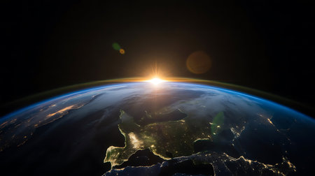 This breathtaking image captures the Earth from a unique perspective in space showcasing the ethereal beauty of our planet at sunrise The sun appears as a brilliant orb on the horizon casting a golden glow over the atmosphere The curvature of the Earth is clearly visible along with the intricate patterns of continents and oceans City lights twinkle below creating a mesmerizing display of human civilization against the backdrop of natural wonder The image evokes a sense of awe and wonder highlighting the fragility and interconnectedness of life on Earth It serves as a reminder of the importance of preserving our planet for future generationsの素材