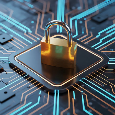 A gleaming golden padlock rests securely on a modern circuit board depicting robust cyber security measures and comprehensive data protection strategies The intricate network of glowing blue and orange pathways underlines the complexity of modern technology and the importance of keeping information safe and secure from threats This image represents the intersection of physical security and digital protection for todays world Perfect for articles about technology network security or digital privacy The padlock is a shining beacon of safetyの素材