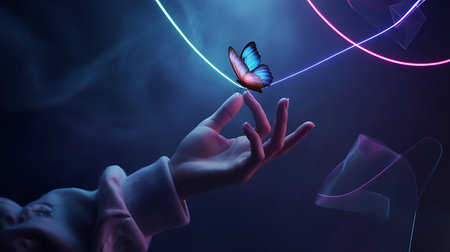 A surreal image featuring a human hand gracefully reaching out with a brightly colored butterfly resting delicately on one fingertip The hand and butterfly are bathed in soft light against a dark blue background Geometric neon light trails swirl and dance in the air behind the hand adding a touch of science fiction and fantasy to the scene It evokes feelings of hope transformation and a connection to something magical and ephemeral perfect for conveying dreamlike states and futuristic conceptsの素材