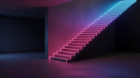 A striking photograph captures a modern staircase illuminated with vibrant neon lights that transition from a rich pink to a cool blue creating a captivating visual gradient The staircase emerges from the depths of a darkened room offering a sense of mystery and intrigue The architecture is minimalist yet dramatic with clean lines and stark contrasts The photograph evokes feelings of futuristic design and artistic expression making it a visually appealing and thought provoking image The composition emphasizes the ascent and descent of the stairs highlighting the interplay between light and shadow This is an artistic representation of modern architecture with colorful neon accents and dim atmosphere enhancing the imageの素材
