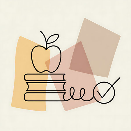 A modern and minimalist illustration representing education and learning Featuring a simple outline of an apple resting atop a stack of books against a backdrop of abstract geometric shapes in muted tones This composition creates a visually appealing and thought provoking image suitable for educational websites materials or creative projects The design is clean and contemporary making it versatile for various applications related to knowledge study and growth It evokes a sense of academic pursuit intellectual curiosity and the pursuit of wisdomの素材