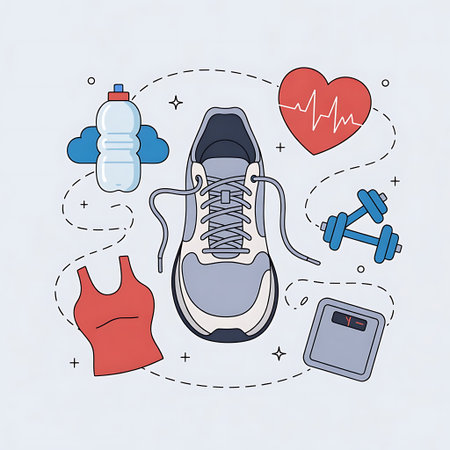 This illustration features a collection of fitnessrelated icons arranged in a visually appealing composition Included are a running shoe water bottle with clouds dumbbells a scale a tank top and a heart with an electrocardiogram all connected by a dotted line path suggesting a journey toward better health The illustration is clean and modern making it a perfect visual for health and wellness related content It is ideal for use in articles websites or marketing materials related to fitness exercise healthy eating weight loss and overall wellbeingの素材