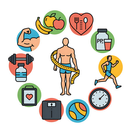 A colorful illustration depicting a range of health and fitness related icons arranged in a circular format The central figure is a man with a measuring tape around his waist Around the man are icons that represent different aspects of healthy living including fruits dumbbells running weight scale balanced diet protein supplements time management and muscle strength all promoting a healthy and active lifestyleの素材