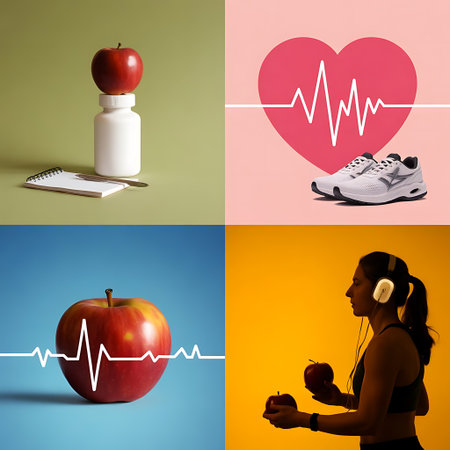 This image shows a collage representing a healthy lifestyle featuring fitness diet and wellness There are four quadrants the first depicts an apple on top of a pill bottle with a notepad and pen which conveys nutrition and medication The second shows running shoes in front of a heart shape and a graphic heartbeat line The third quadrant features a single apple with a heart beat line indicating physical health And the fourth features a woman holding an apple listening to music which represent mental health and fitnessの素材