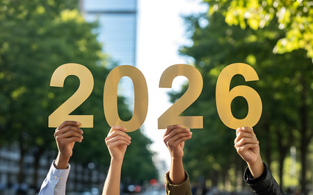 This image captures the collective anticipation for the year 2026 conveyed through a group of people holding up large golden numerals The background features an urban street with trees and buildings adding context to the scene The focus is on the numbers and hands holding them highlighting the expectation for the future The image creates a sense of hope unity and shared enthusiasm It can be used in marketing materials to portray optimism for the coming years or in articles discussing future trends and predictions This image is perfect for any project that wants to portray a hopeful vision for 2026の素材