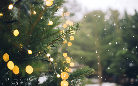 Close up image of a Christmas tree branch decorated with warm golden lights set against a soft focus background of a winter forest with gentle snowfall The scene evokes a sense of peace anticipation and festive cheer highlighting the natural beauty of evergreen foliage intertwined with the cozy glow of holiday lights The falling snowflakes add a touch of magic and enhance the winter wonderland atmosphere creating a serene and inviting holiday scene This image is perfect for Christmas cards winter greetings or festive advertisingの素材