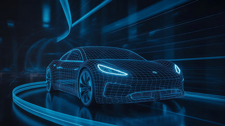 A striking digital rendering of a futuristic electric car presented in a wireframe style with glowing blue accents The car appears to be in motion speeding through a virtual tunnel with streaks of light emphasizing its velocity and modern design The illustration highlights the innovation and technological advancements in the automotive industry showcasing a sleek and aerodynamic vehicle concept This image is perfect for illustrating themes related to future mobility electric vehicles automotive technology and digital design It evokes a sense of speed innovation and futuristic possibilitiesの素材